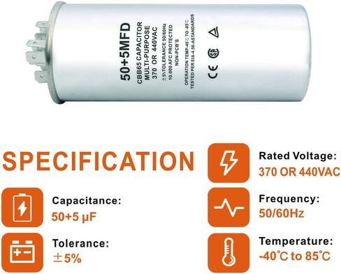 مكثف بدء دائري مزدوج التشغيل CBB65، 50+5 فائق التوهج 50/5 MFD ±5% 370 فولت/440 فولت تيار متردد، مكثف مركب للضاغط، محرك تيار متردد، تشغيل مروحة بدء المكثف، بارد/حرارة in Kuwait