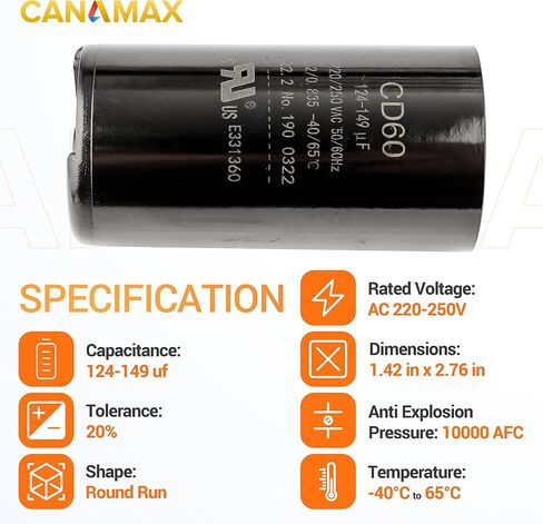 Canamax 124-149 فائق التوهج/MFD 220-250VAC مكثف بدء التشغيل الدائري - بديل لتشغيل محرك التيار المتردد أو تشغيل المروحة ومكيف الهواء البارد أو المضخة الحرارية in Kuwait