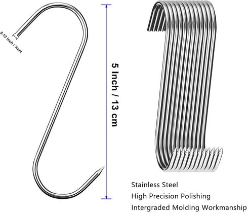 12 Pcs Meat Hooks, 5 Inch Butcher Hooks Stainless Steel (4MM Diameter), S Shaped Meat Processing Hooks for Hanging Bacon, Sausage, Hunting Smoking Ribs, Drying, Grillling BBQ For Kitchen, Market in Kuwait