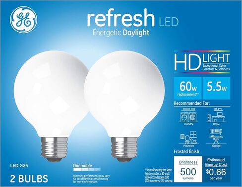 مصابيح GE Refresh LED، 60 وات Eqv، ضوء النهار، مصابيح G25 Globe، شفافة، قاعدة متوسطة (3 عبوات) in Kuwait