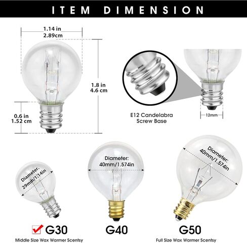 مصابيح تدفئة الشمع ETwinCoo، مصابيح G30 بقدرة 25 وات مناسبة لتدفئة العطور متوسطة الحجم، مصابيح إضاءة معطرة شفافة بقاعدة E12 لتدفئة الشمع - عمر طويل وتذوب الشمع بسرعة، 120 فولت in Kuwait