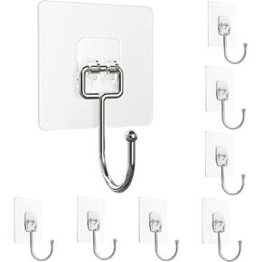 Large Adhesive Hooks 22Ib(Max),Waterproof and Rustproof Wall Hooks for Hanging Heavy Duty,Stainless Steel Towel and Coats Hooks to use Inside Kitchen Bathroom Home Office 8 Pack