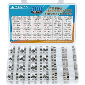 AUKENIEN مجموعة صمامات زجاجية سريعة النفخ 24 قيم 400 قطعة 5x20 مللي متر 0.25A 0.5A 1A 1.6A 2A 2.5A 3A 3.15A 4A 5A 6.3A 8A 10A 12A 15A 20A 250V 6x30 مللي متر 0.5A 1A 2A 3A 5A تشكيلة أنابيب الصمامات المستديرة السريعة 10A 15A 20A in Kuwait