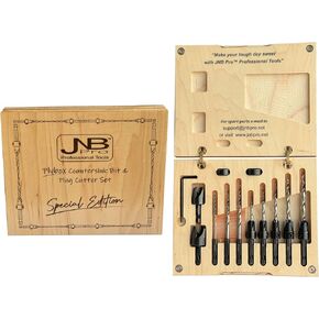 مجموعة لقم مثقاب خشبية من JNB Pro Plybox إصدار خاص ومجموعة قواطع توصيل - 5 قطع لقمة غاطسة قابلة للتعديل #6، #8، #10، #12، #14 - 3 لقم ثقب مدببة إضافية #6، #8، #10 - 2 قواطع خشبية أو وتد بقطر 3/8 بوصة و1/2 بوصة - 2 طوق 3/8 بوصة و1/2 بوصة - in Kuwait