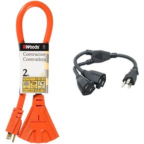 Woods 990824 CORD SET, 12/3 2' STW ORANGE 3 OUTLET, 2-Foot, 2 Foot & Cablelera Power Cord Extension and Splitter, NEMA 5-15P to NEMA 5-15R x 2, 16 AWG, 13A, 125V (ZWACPQAG-14)