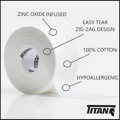 Titan Athletics - 12 حزمة من الشريط الرياضي/الشريط الرياضي الأبيض عالي الجودة - 1 1/2 بوصة × 45 قدم لكل لفة - 100% قطن مع أكسيد الزنك - تصميم متعرج سهل التمزق ولا يترك بقايا لزجة in Kuwait