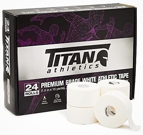 Titan Athletics - 12 حزمة من الشريط الرياضي/الشريط الرياضي الأبيض عالي الجودة - 1 1/2 بوصة × 45 قدم لكل لفة - 100% قطن مع أكسيد الزنك - تصميم متعرج سهل التمزق ولا يترك بقايا لزجة in Kuwait