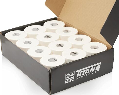 Titan Athletics - 12 حزمة من الشريط الرياضي/الشريط الرياضي الأبيض عالي الجودة - 1 1/2 بوصة × 45 قدم لكل لفة - 100% قطن مع أكسيد الزنك - تصميم متعرج سهل التمزق ولا يترك بقايا لزجة in Kuwait