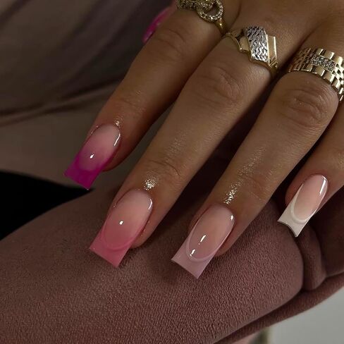 French Tip Press on Nails Medium Coffin Fake Nails Pink Nails Colorful Nail Tips Designs Stick on Nails Glossy Full Cover False Nails for Women and Girls 24 Pcs in Kuwait