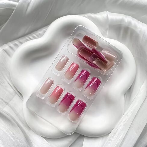 French Tip Press on Nails Medium Coffin Fake Nails Pink Nails Colorful Nail Tips Designs Stick on Nails Glossy Full Cover False Nails for Women and Girls 24 Pcs in Kuwait