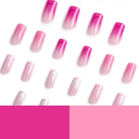 French Tip Press on Nails Medium Coffin Fake Nails Pink Nails Colorful Nail Tips Designs Stick on Nails Glossy Full Cover False Nails for Women and Girls 24 Pcs in Kuwait