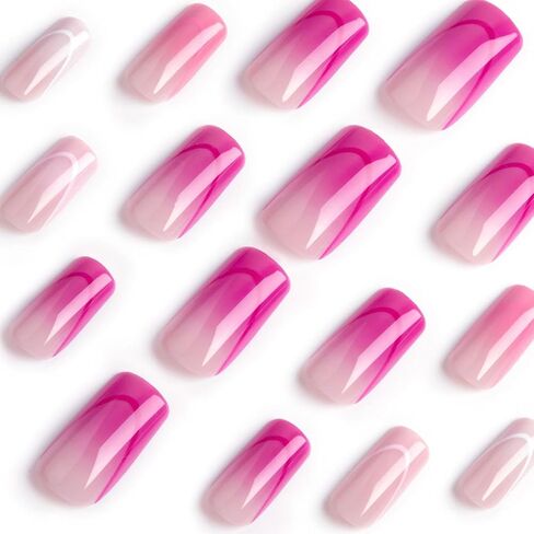 French Tip Press on Nails Medium Coffin Fake Nails Pink Nails Colorful Nail Tips Designs Stick on Nails Glossy Full Cover False Nails for Women and Girls 24 Pcs in Kuwait