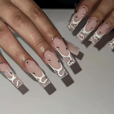 French Tip Press on Nails Medium Coffin Fake Nails Pink Nails Colorful Nail Tips Designs Stick on Nails Glossy Full Cover False Nails for Women and Girls 24 Pcs in Kuwait