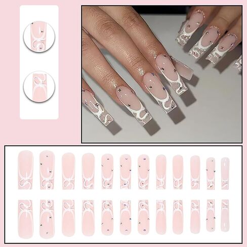 French Tip Press on Nails Medium Coffin Fake Nails Pink Nails Colorful Nail Tips Designs Stick on Nails Glossy Full Cover False Nails for Women and Girls 24 Pcs in Kuwait