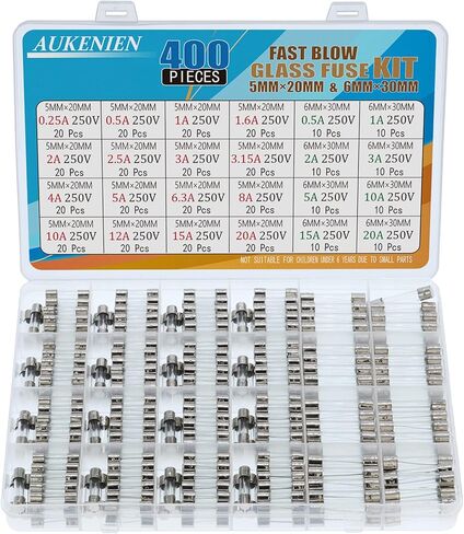 AUKENIEN مجموعة صمامات زجاجية سريعة النفخ 24 قيم 400 قطعة 5x20 مللي متر 0.25A 0.5A 1A 1.6A 2A 2.5A 3A 3.15A 4A 5A 6.3A 8A 10A 12A 15A 20A 250V 6x30 مللي متر 0.5A 1A 2A 3A 5A تشكيلة أنابيب الصمامات المستديرة السريعة 10A 15A 20A in Kuwait