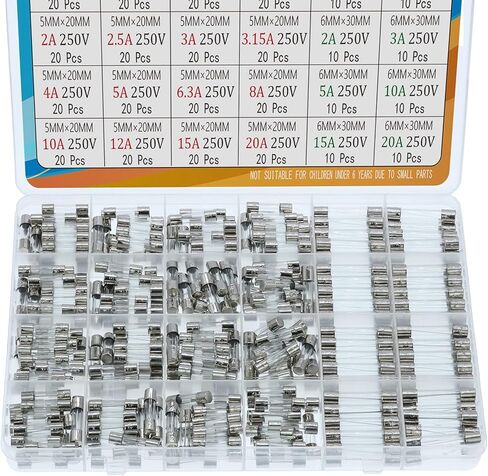 AUKENIEN مجموعة صمامات زجاجية سريعة النفخ 24 قيم 400 قطعة 5x20 مللي متر 0.25A 0.5A 1A 1.6A 2A 2.5A 3A 3.15A 4A 5A 6.3A 8A 10A 12A 15A 20A 250V 6x30 مللي متر 0.5A 1A 2A 3A 5A تشكيلة أنابيب الصمامات المستديرة السريعة 10A 15A 20A in Kuwait