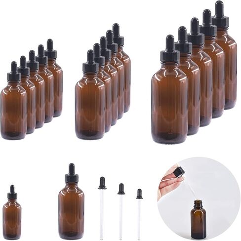 Keadic 24 Pack 1 Oz 2 Oz 4 Oz Glass Dropper Bottles Assortment Set with Tapered Eye Dropper & Black Cap Amber Round Boston Tincture Bottles for Massage Essential Oils Perfumes Liquids in Saudi Arabia