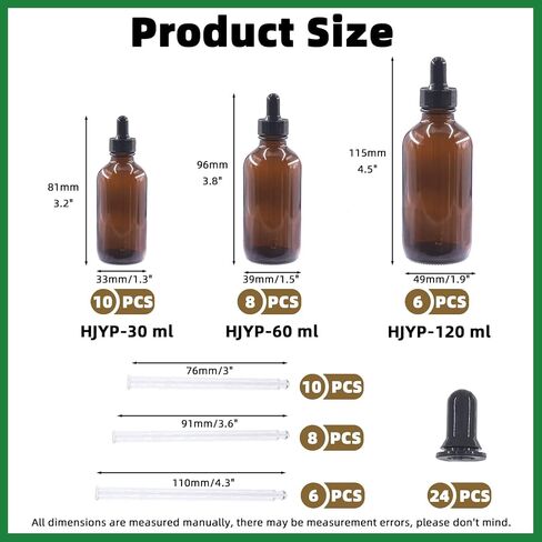 Keadic 24 Pack 1 Oz 2 Oz 4 Oz Glass Dropper Bottles Assortment Set with Tapered Eye Dropper & Black Cap Amber Round Boston Tincture Bottles for Massage Essential Oils Perfumes Liquids in Saudi Arabia