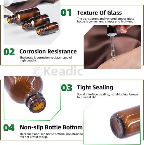 Keadic 24 Pack 1 Oz 2 Oz 4 Oz Glass Dropper Bottles Assortment Set with Tapered Eye Dropper & Black Cap Amber Round Boston Tincture Bottles for Massage Essential Oils Perfumes Liquids in Saudi Arabia