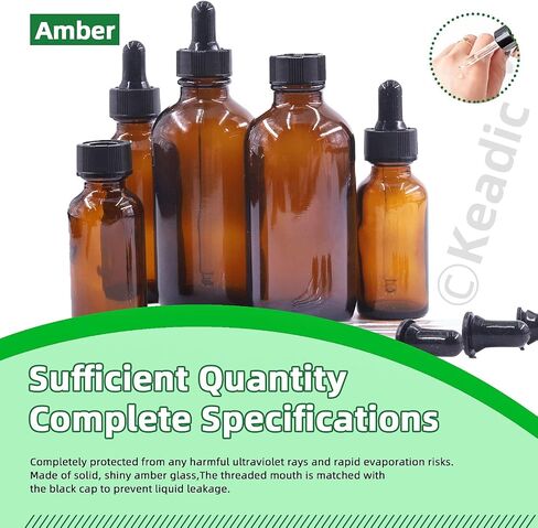Keadic 24 Pack 1 Oz 2 Oz 4 Oz Glass Dropper Bottles Assortment Set with Tapered Eye Dropper & Black Cap Amber Round Boston Tincture Bottles for Massage Essential Oils Perfumes Liquids in Saudi Arabia