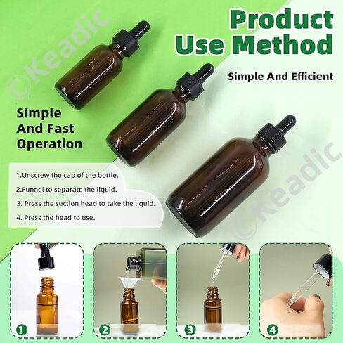 Keadic 24 Pack 1 Oz 2 Oz 4 Oz Glass Dropper Bottles Assortment Set with Tapered Eye Dropper & Black Cap Amber Round Boston Tincture Bottles for Massage Essential Oils Perfumes Liquids in Saudi Arabia
