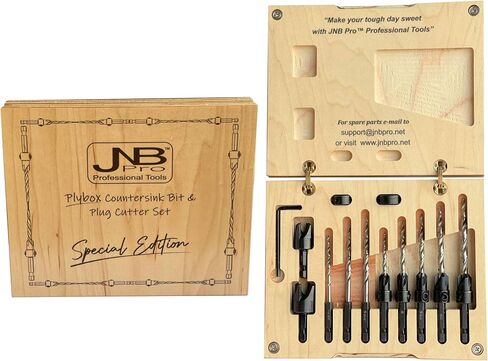 مجموعة لقم مثقاب خشبية من JNB Pro Plybox إصدار خاص ومجموعة قواطع توصيل - 5 قطع لقمة غاطسة قابلة للتعديل #6، #8، #10، #12، #14 - 3 لقم ثقب مدببة إضافية #6، #8، #10 - 2 قواطع خشبية أو وتد بقطر 3/8 بوصة و1/2 بوصة - 2 طوق 3/8 بوصة و1/2 بوصة - in Kuwait