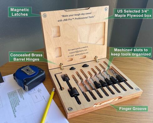 مجموعة لقم مثقاب خشبية من JNB Pro Plybox إصدار خاص ومجموعة قواطع توصيل - 5 قطع لقمة غاطسة قابلة للتعديل #6، #8، #10، #12، #14 - 3 لقم ثقب مدببة إضافية #6، #8، #10 - 2 قواطع خشبية أو وتد بقطر 3/8 بوصة و1/2 بوصة - 2 طوق 3/8 بوصة و1/2 بوصة - in Kuwait