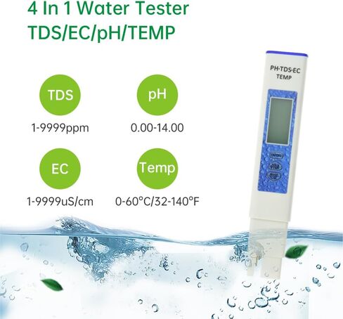 جهاز اختبار المياه الرقمي السريع 4 في 1 من ISENVO، مقياس درجة الحموضة/TDS/EC/درجة الحرارة، قياسات عالية الدقة لجودة المياه لمياه الشرب، وحمامات السباحة، وأحواض السمك، والزراعة المائية in Kuwait