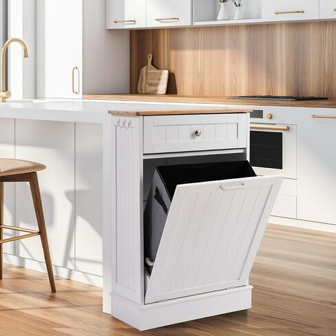 صناديق نفايات المطبخ من Spurgehom سعة 10 جالون قابلة للإمالة، سلة غسيل قائمة بذاتها مع درج مخبأ، حقيبة تخزين لوح تقطيع خشبي من الخيزران، سلة مهملات مقاومة للحيوانات الأليفة لغرفة المعيشة (أبيض) in Kuwait