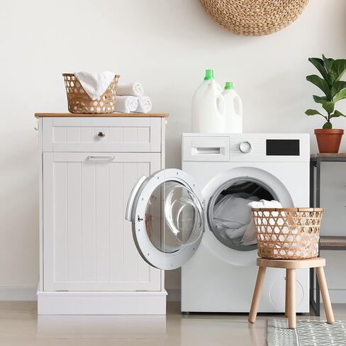 صناديق نفايات المطبخ من Spurgehom سعة 10 جالون قابلة للإمالة، سلة غسيل قائمة بذاتها مع درج مخبأ، حقيبة تخزين لوح تقطيع خشبي من الخيزران، سلة مهملات مقاومة للحيوانات الأليفة لغرفة المعيشة (أبيض) in Kuwait