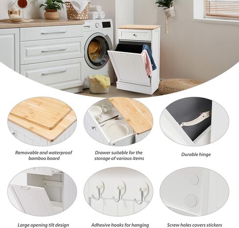 صناديق نفايات المطبخ من Spurgehom سعة 10 جالون قابلة للإمالة، سلة غسيل قائمة بذاتها مع درج مخبأ، حقيبة تخزين لوح تقطيع خشبي من الخيزران، سلة مهملات مقاومة للحيوانات الأليفة لغرفة المعيشة (أبيض) in Kuwait