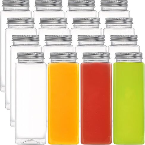 لايلف عبوة من 16 زجاجة عصير بلاستيكية مع غطاء من الالومنيوم، زجاجات مشروبات فارغة مانعة للتسرب 18 اونصة، حاوية مربعة قابلة لاعادة الاستخدام من البولي ايثيلين تيرفثالات للعصير والسموذي والماء والحليب in Kuwait