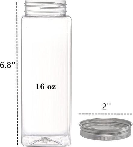 لايلف عبوة من 16 زجاجة عصير بلاستيكية مع غطاء من الالومنيوم، زجاجات مشروبات فارغة مانعة للتسرب 18 اونصة، حاوية مربعة قابلة لاعادة الاستخدام من البولي ايثيلين تيرفثالات للعصير والسموذي والماء والحليب in Kuwait
