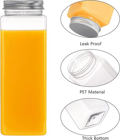 لايلف عبوة من 16 زجاجة عصير بلاستيكية مع غطاء من الالومنيوم، زجاجات مشروبات فارغة مانعة للتسرب 18 اونصة، حاوية مربعة قابلة لاعادة الاستخدام من البولي ايثيلين تيرفثالات للعصير والسموذي والماء والحليب in Kuwait