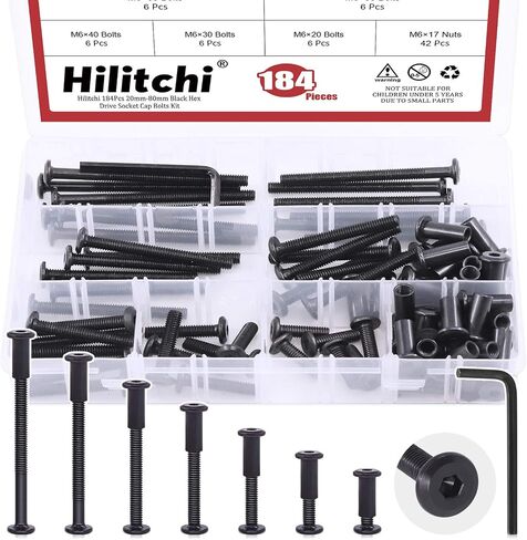 Hilitchi 84Pcs M6 Hex Drive Socket Cap Bolts Kit Countersunk Head Screws Bolts Dowel Barrel Nuts Crib Bolts Nuts Assortment Kit for Furniture Hardware Fitting (16/25/35/45/55/65/75mm) in Kuwait