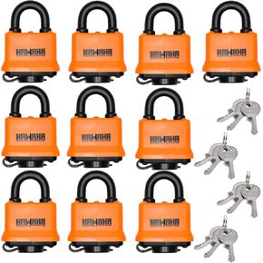 91/40-10P Waterproof Laminated Steel Padlocks with Key, 1.75 in, 10 Pack