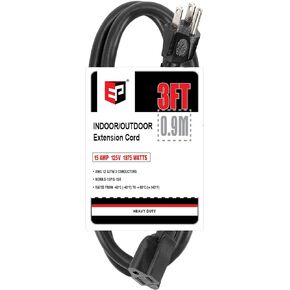 EP 3 Ft Extension Cord - 12/3 SJTW Heavy Duty Black Extension Cable with 3 Prong Grounded Plug - Power Cord for Lawn, Garden, Appliances