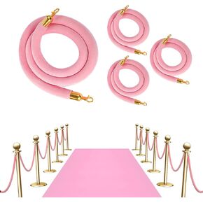 Vevitts 4 pcs Pink Velvet Stanchion 6.4FT Velvet Rope, Crowd Control Ropes Barrier with Polished Gold Hooks, Thick Stanchion Queue Barrier Rope in Kuwait