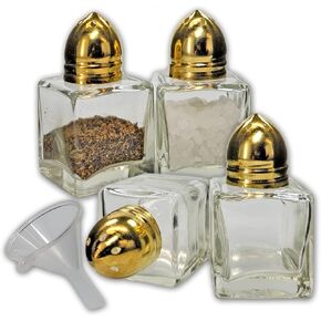 Pack of 4 Clear Glass Mini Cube Salt & Pepper Shakers with Gold-tone Tops and BONUS Easy Fill Funnel (Gold) by NetSellsIt