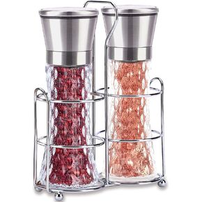Salt and Pepper Grinder Set of 2 - Stainless Steel Salt and Pepper Mill with Adjustable Coarseness - Ceramic Pepper Grinder Refillable - Glass Spice & Kosher Salt Shaker with Stand
