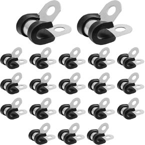 20Pcs 1/2 Inch Stainless Steel Cable Clamps, Rubber Cushioned Insulated Pipe Clamp R-type Metal Wire Clamp for Tube, Hose