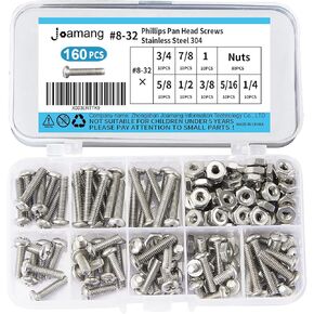 Joamang 160PCS #8-32 Phillips Pan Head Screws Bolt Nut, 304 Stainless Steel Machine Screws Assortment Kit, Includes 8 Most Common Sizes (#8-32×3/4", 7/8", 1", 5/8", 1/2", 3/8", 5/16", 1/4")