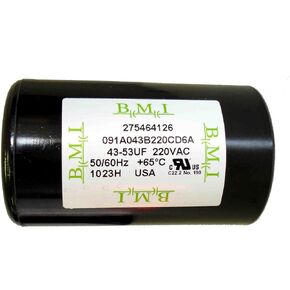 43-53 MFD (uF) Motor Start Capacitor, replacement for Franklin 275464126, 2801034915, CRC 2824055015 and Tuhorse TCB07M230, TCB10M230. Made in USA by BMI for Tuhorse in Kuwait
