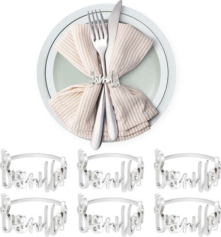 6 PCS Silver Napkin Rings Bismillah Letter Napkin Ring Round Napkin Holders Metal Napkin Buckles Holder Table Decor for Dinning Table Setting Party Wedding Family Gathering Holiday Anniversary Banquet in Kuwait