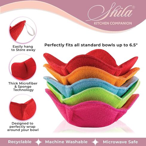 وعاء SHILA Snuggies، مجموعة متعددة الألوان مكونة من 5 حوامل للأطباق الساخنة آمنة للاستخدام في الميكروويف للحفاظ على يديك باردة وطعامك دافئًا، وسادات أطباق مقاومة للحرارة من البوليستر والإسفنج لأوعية الحساء والأرز والمعكرونة in Kuwait