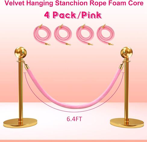 Vevitts 4 قطع من الحبل المخملي الوردي بطول 6.4أقدام، حاجز حبال التحكم في الحشود مع خطافات ذهبية مصقولة، حبل حاجز طابور سميك من vevitts in Kuwait