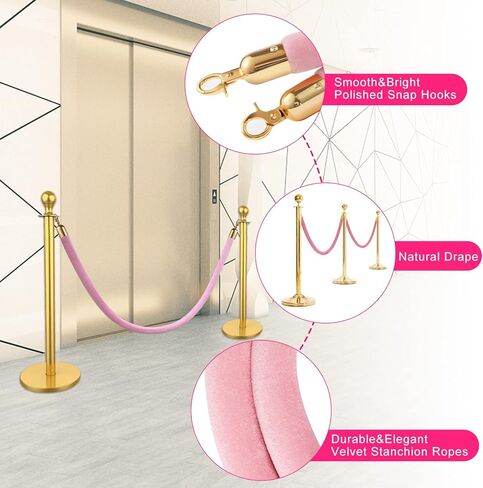 Vevitts 4 قطع من الحبل المخملي الوردي بطول 6.4أقدام، حاجز حبال التحكم في الحشود مع خطافات ذهبية مصقولة، حبل حاجز طابور سميك من vevitts in Kuwait