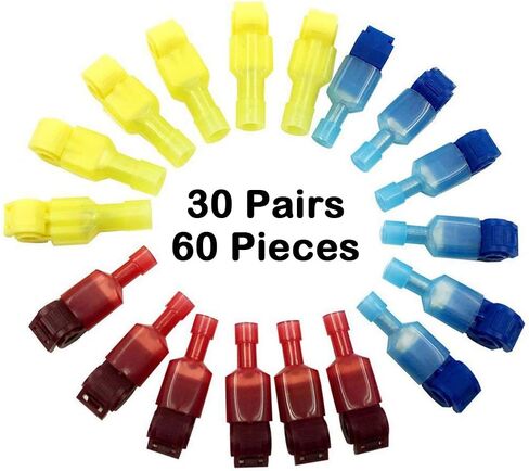 Bestgle 60 Pcs/30 Pairs Self-Stripping Electrical T-Tap Wire Spade Connectors Set Quick Splice Wire Terminals and Fully Insulated Male Butt Terminal Crimp Assortment Kits (Yellow, Red and Blue) in Saudi Arabia