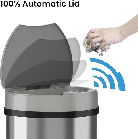 سلة مهملات المطبخ iTouchless بسعة 13 جالون مع نظام التحكم في الرائحة، سلة قمامة أوتوماتيكية بفتحة واسعة للغاية من الفولاذ المقاوم للصدأ، فضية لامعة، شبه دائرية، مستشعر in Kuwait