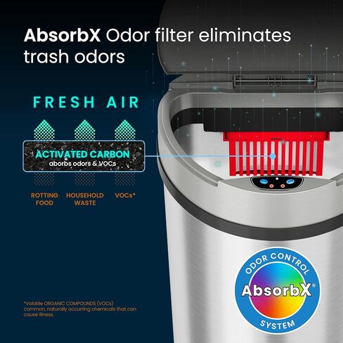 سلة مهملات المطبخ iTouchless بسعة 13 جالون مع نظام التحكم في الرائحة، سلة قمامة أوتوماتيكية بفتحة واسعة للغاية من الفولاذ المقاوم للصدأ، فضية لامعة، شبه دائرية، مستشعر in Kuwait